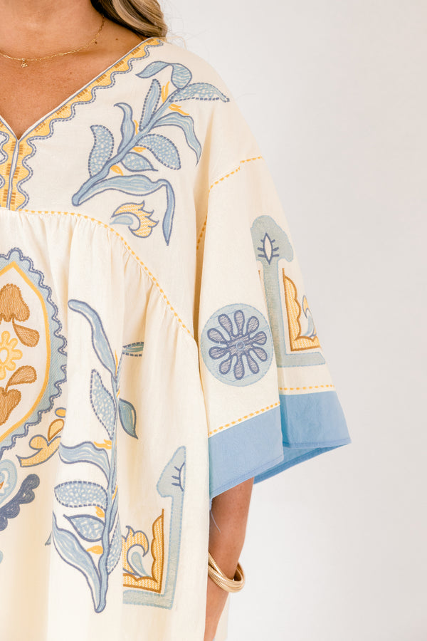 Chic Soul plus size clothing, yellow and light blue patterned 3/4 wide sleeve baby doll top