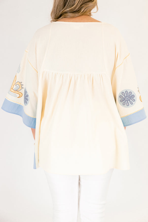 Chic Soul plus size clothing, yellow and light blue patterned 3/4 wide sleeve baby doll top