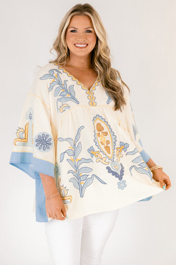 Chic Soul plus size clothing, yellow and light blue patterned 3/4 wide sleeve baby doll top