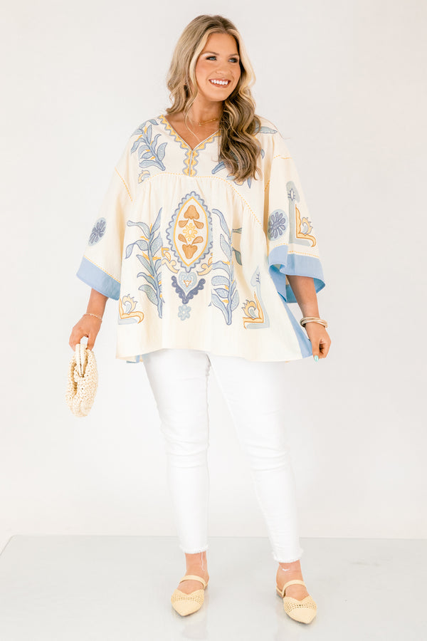 Chic Soul plus size clothing, yellow and light blue patterned 3/4 wide sleeve baby doll top