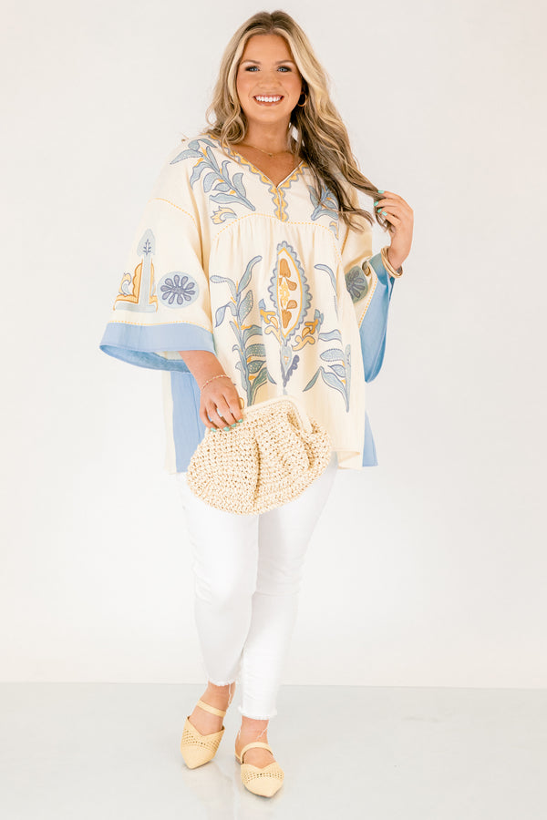 Chic Soul plus size clothing, yellow and light blue patterned 3/4 wide sleeve baby doll top