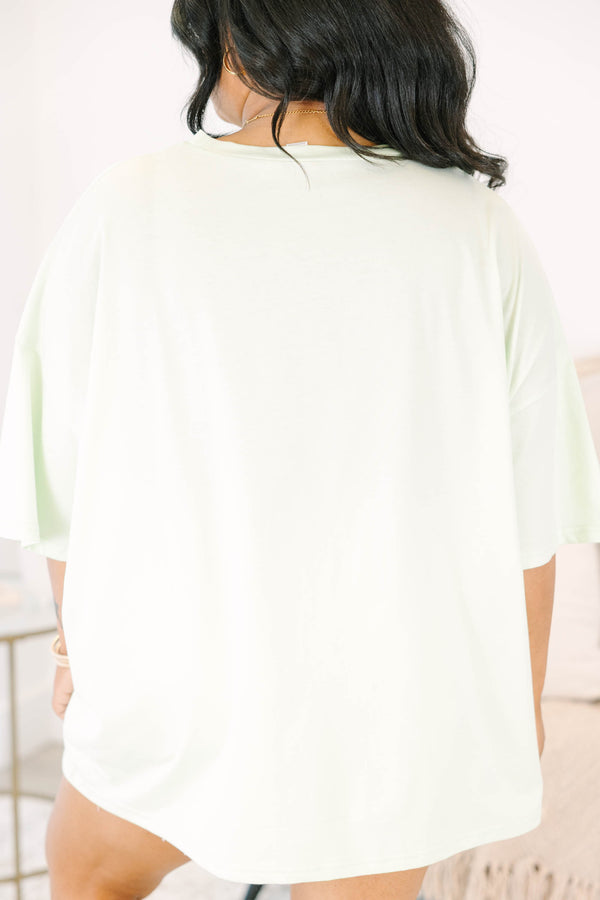 Plus Size oversized mint green boyfriend tee with three colorful graphic tigers on the front.