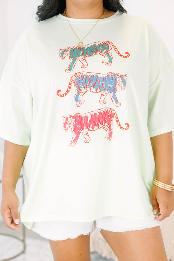 Plus Size oversized mint green boyfriend tee with three colorful graphic tigers on the front.