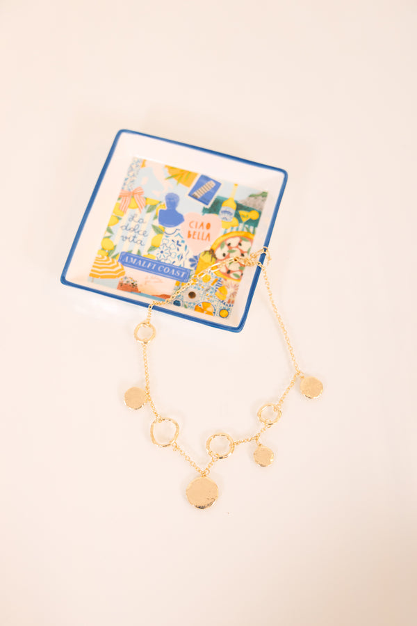 Chic Soul plus size clothing, gold necklace featuring textured circular links and disc charms
