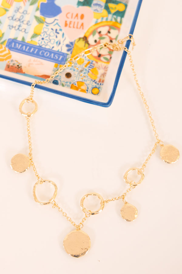 Chic Soul plus size clothing, gold necklace featuring textured circular links and disc charms