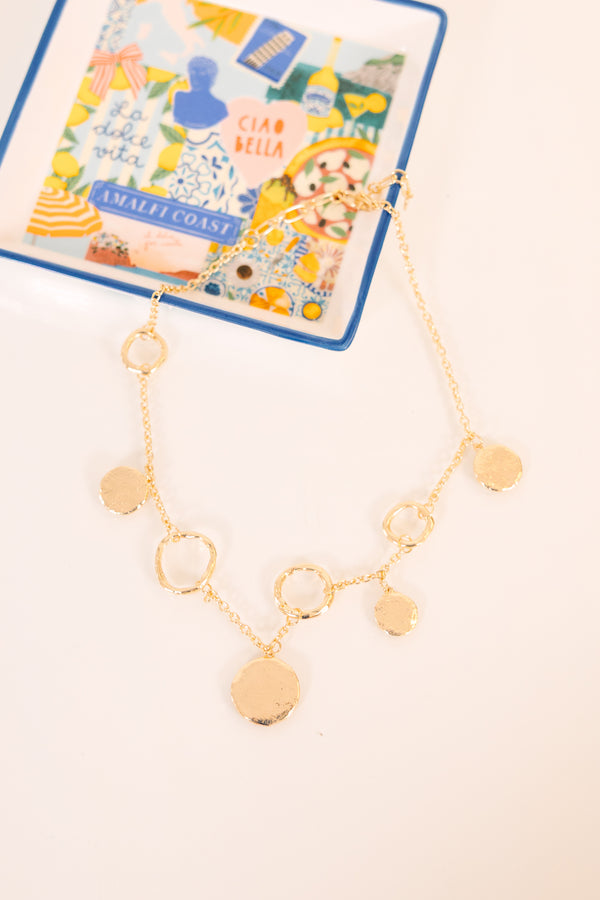 Chic Soul plus size clothing, gold necklace featuring textured circular links and disc charms