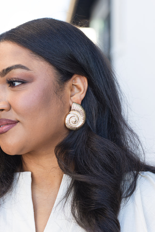Chic Soul plus size clothing, gold seashell stud earrings with a ribbed texture 