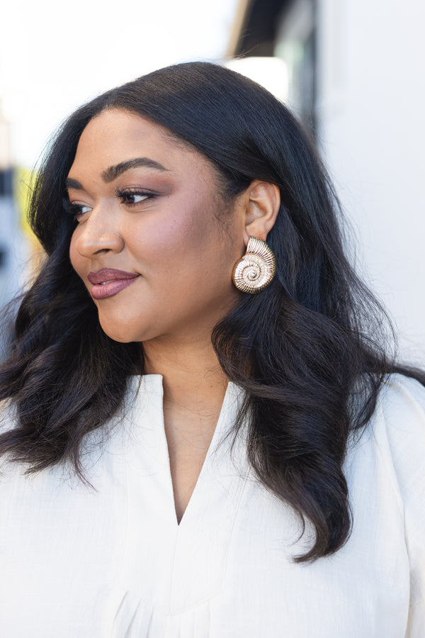 Chic Soul plus size clothing, gold seashell stud earrings with a ribbed texture 