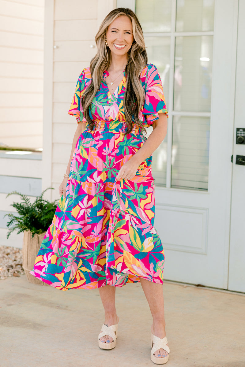 strapless open back dress Blue Midi Dress with Pink Floral Print main image 0