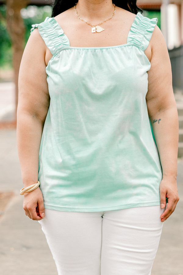 Chic Soul plus size clothing, pale blue tank top with square neckline and ruffled straps