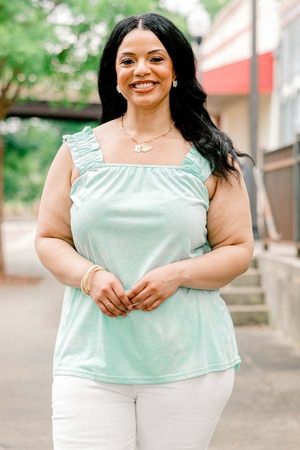 Chic Soul plus size clothing, pale blue tank top with square neckline and ruffled straps