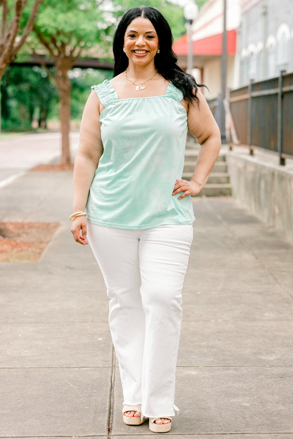 Chic Soul plus size clothing, pale blue tank top with square neckline and ruffled straps