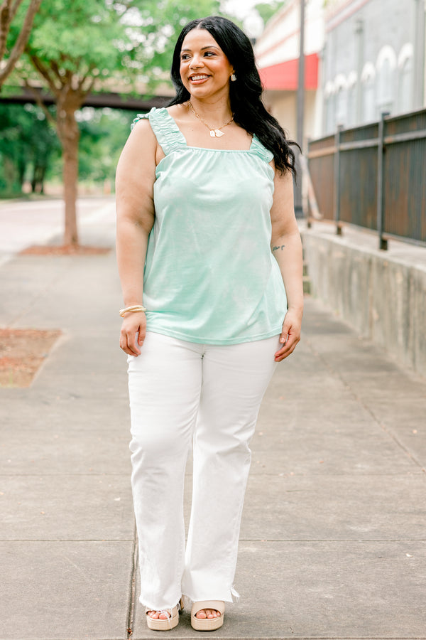 Chic Soul plus size clothing, pale blue tank top with square neckline and ruffled straps