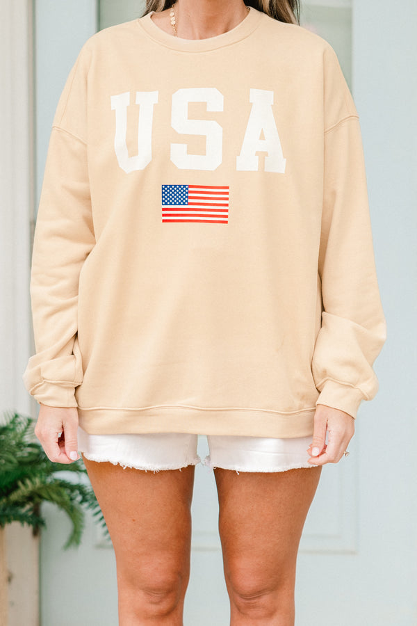 Chic Soul plus size clothing, sand long sleeve pullover with round neckline with 