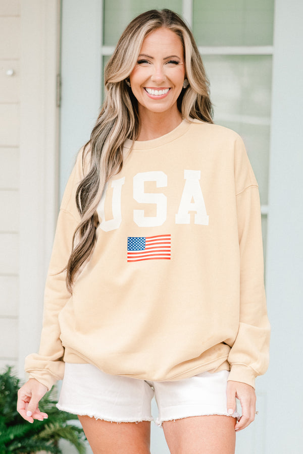 Chic Soul plus size clothing, sand long sleeve pullover with round neckline with 