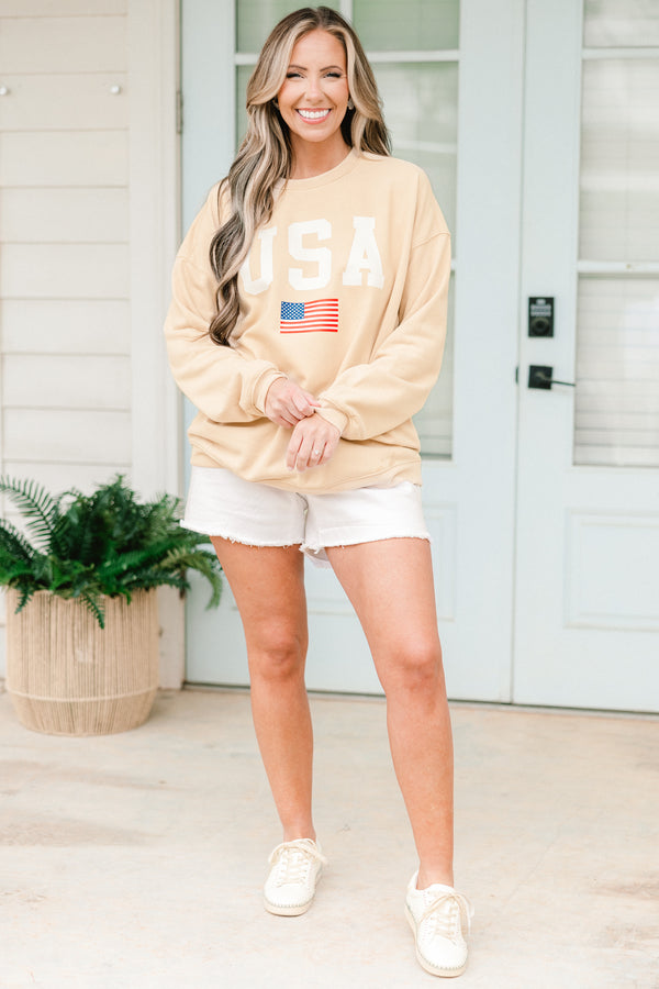 Chic Soul plus size clothing, sand long sleeve pullover with round neckline with 