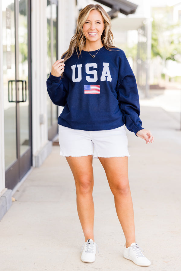 Chic Soul plus size clothing, long-sleeve navy blue crewneck sweatshirt with white lettering stating 