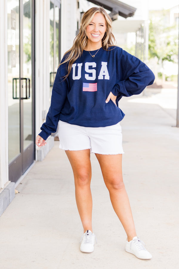 Chic Soul plus size clothing, long-sleeve navy blue crewneck sweatshirt with white lettering stating 