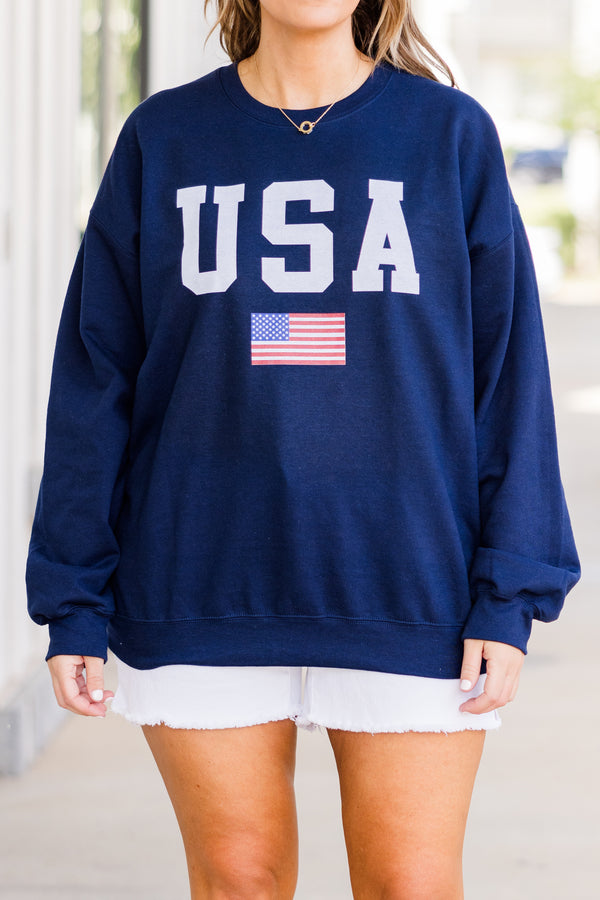 Chic Soul plus size clothing, long-sleeve navy blue crewneck sweatshirt with white lettering stating 