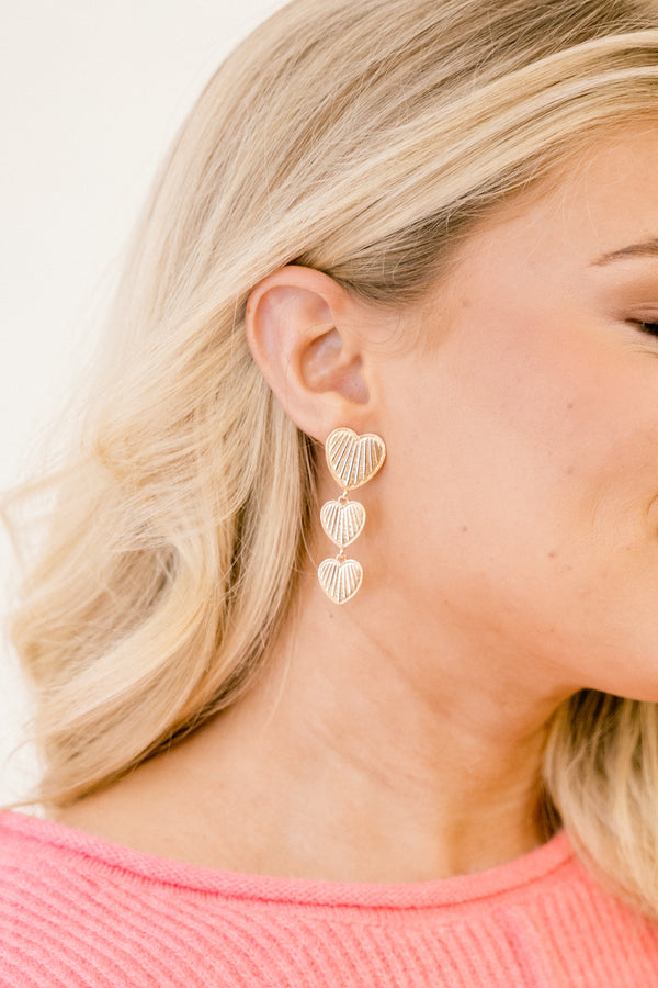  Chic soul plus size clothing, gold dangle earrings with three hearts and a textured look