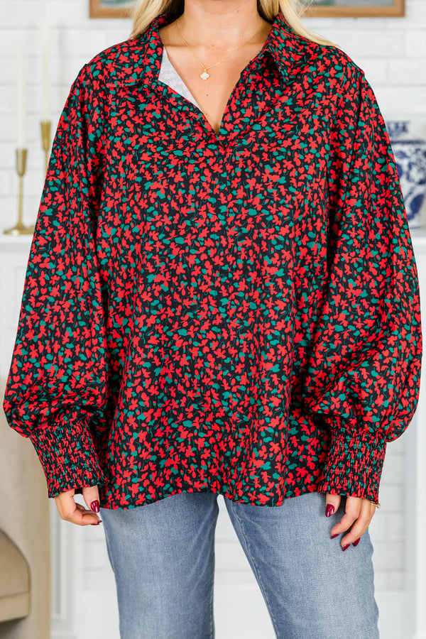 Chic Soul plus size clothing, long-puffed-sleeve red/black collared top with smocked wrists and floral pattern