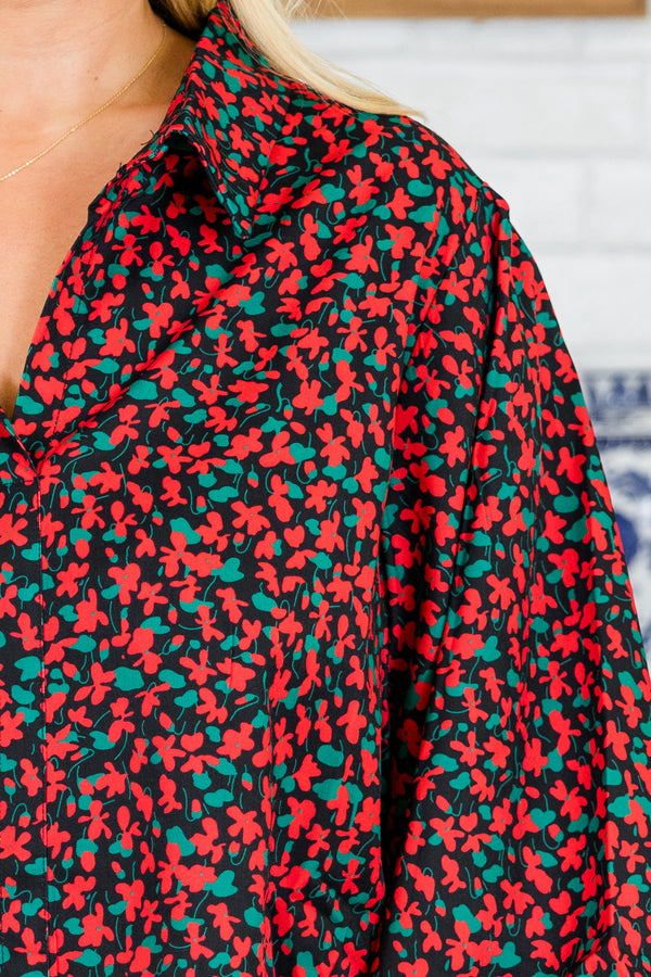 Chic Soul plus size clothing, long-puffed-sleeve red/black collared top with smocked wrists and floral pattern