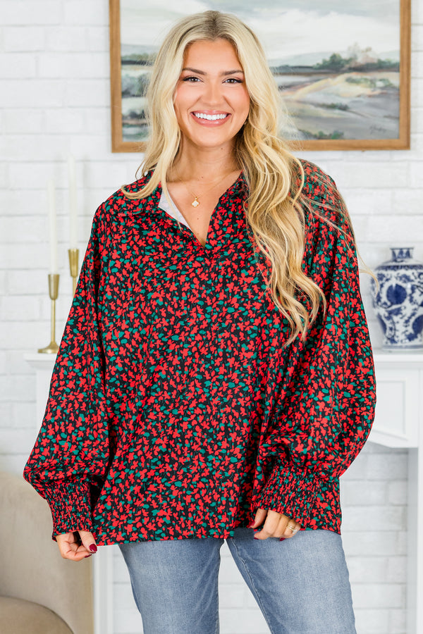 Chic Soul plus size clothing, long-puffed-sleeve red/black collared top with smocked wrists and floral pattern