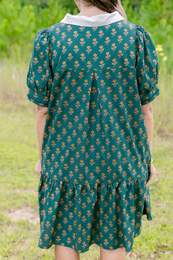 Chic Soul plus size clothing, forest green short sleeve short dress with yellow floral pattern and white collar/v-neckline with darker blue ric rac inside border