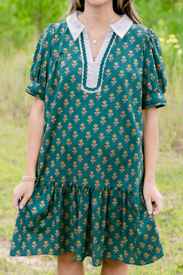 Chic Soul plus size clothing, forest green short sleeve short dress with yellow floral pattern and white collar/v-neckline with darker blue ric rac inside border