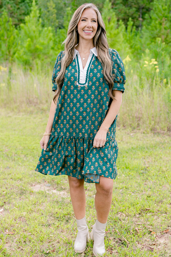 Chic Soul plus size clothing, forest green short sleeve short dress with yellow floral pattern and white collar/v-neckline with darker blue ric rac inside border