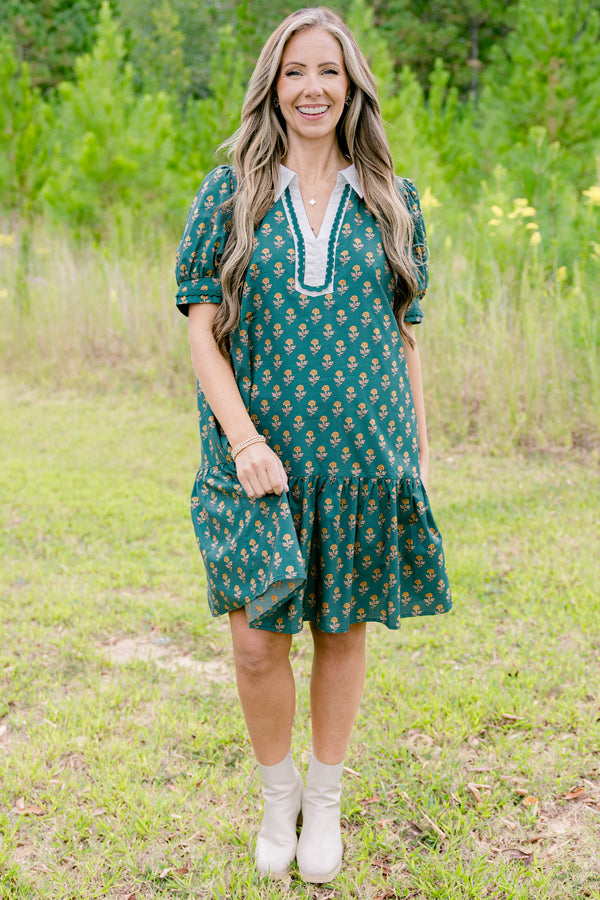 Chic Soul plus size clothing, forest green short sleeve short dress with yellow floral pattern and white collar/v-neckline with darker blue ric rac inside border
