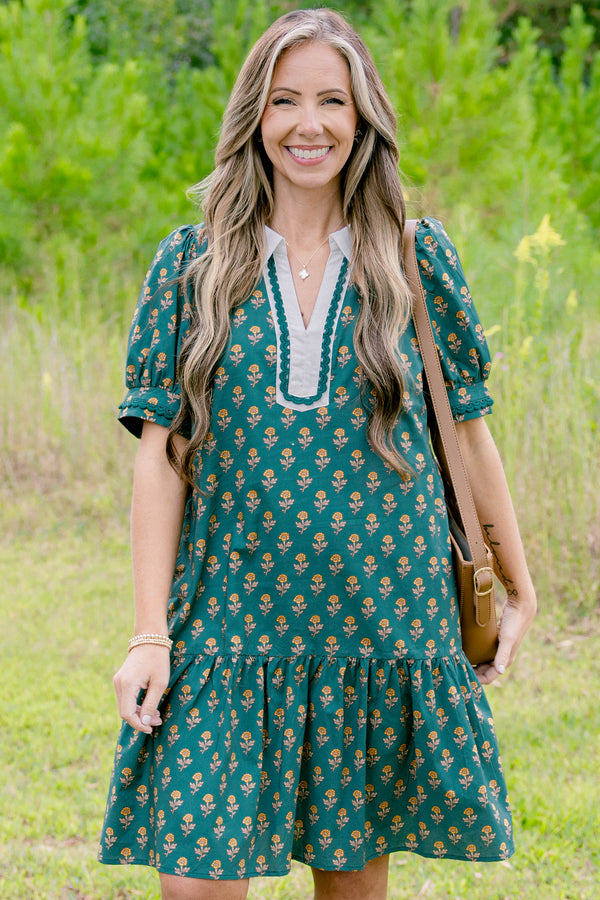 Chic Soul plus size clothing, forest green short sleeve short dress with yellow floral pattern and white collar/v-neckline with darker blue ric rac inside border