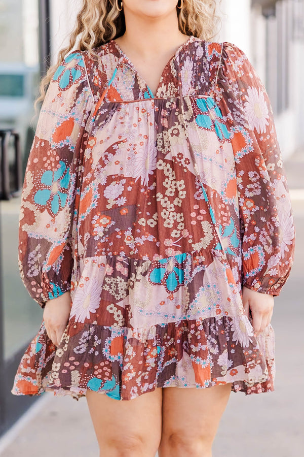 Chic Soul plus size clothing, brown pink and blue colored long sleeve flowy short dress with floral patttern and v neckline