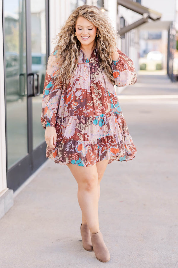 Chic Soul plus size clothing, brown pink and blue colored long sleeve flowy short dress with floral patttern and v neckline
