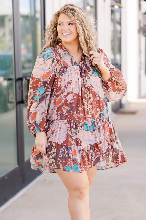 Chic Soul plus size clothing, brown pink and blue colored long sleeve flowy short dress with floral patttern and v neckline