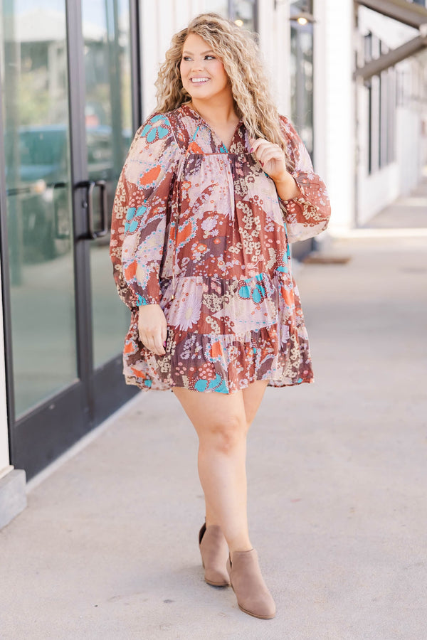 Chic Soul plus size clothing, brown pink and blue colored long sleeve flowy short dress with floral patttern and v neckline