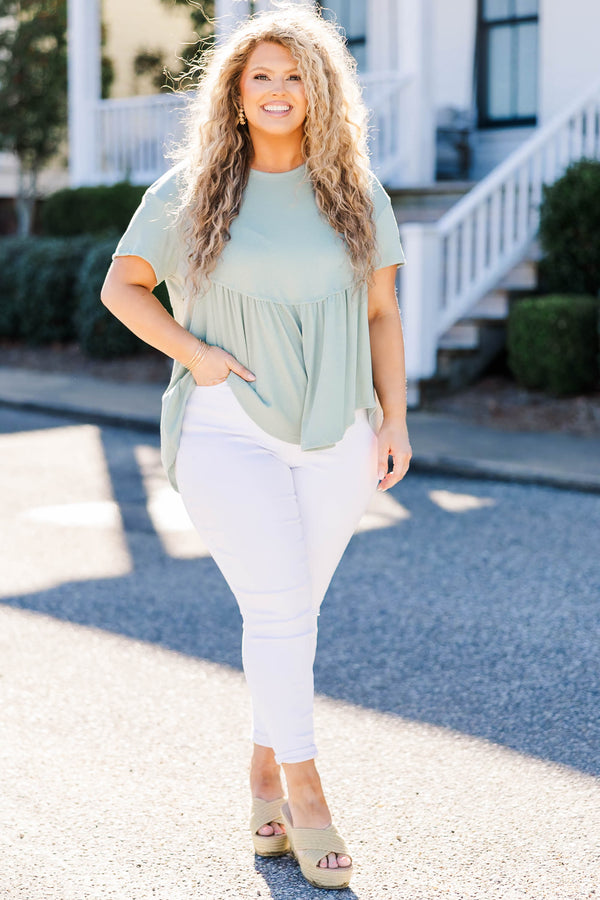 Chic Soul plus size clothing, sage babydoll style top with short sleeves