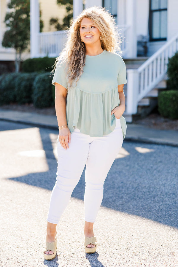Chic Soul plus size clothing, sage babydoll style top with short sleeves