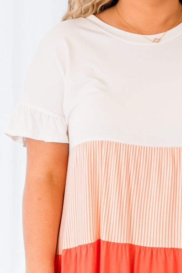 Chic Soul plus size clothing, ivory/coral tiered short sleeve top with white top, coral and white stripe middle and coral bottom tier with small ruffle along sleeves