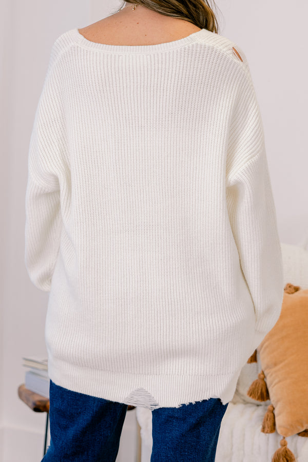 Chic Soul plus size clothing, Ivory relaxed fit sweater with slouchy v-neck, distressed hem and ribbing

