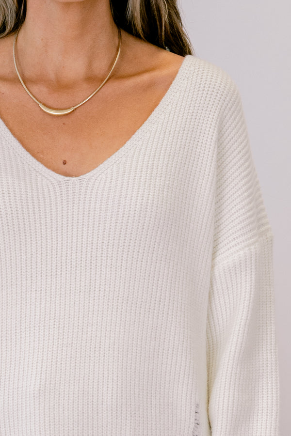 Chic Soul plus size clothing, Ivory relaxed fit sweater with slouchy v-neck, distressed hem and ribbing

