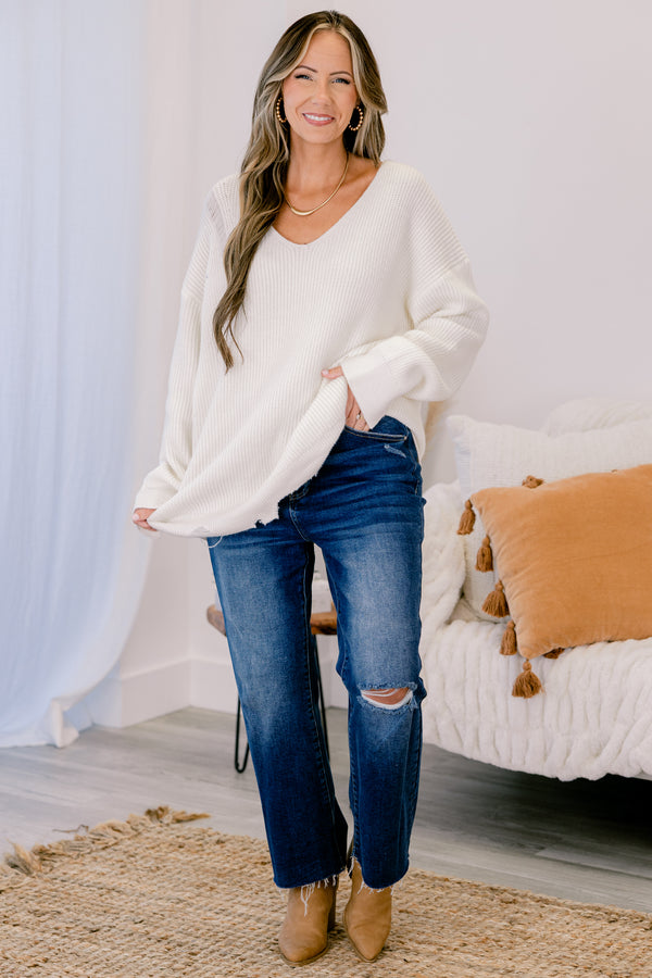 Chic Soul plus size clothing, Ivory relaxed fit sweater with slouchy v-neck, distressed hem and ribbing
