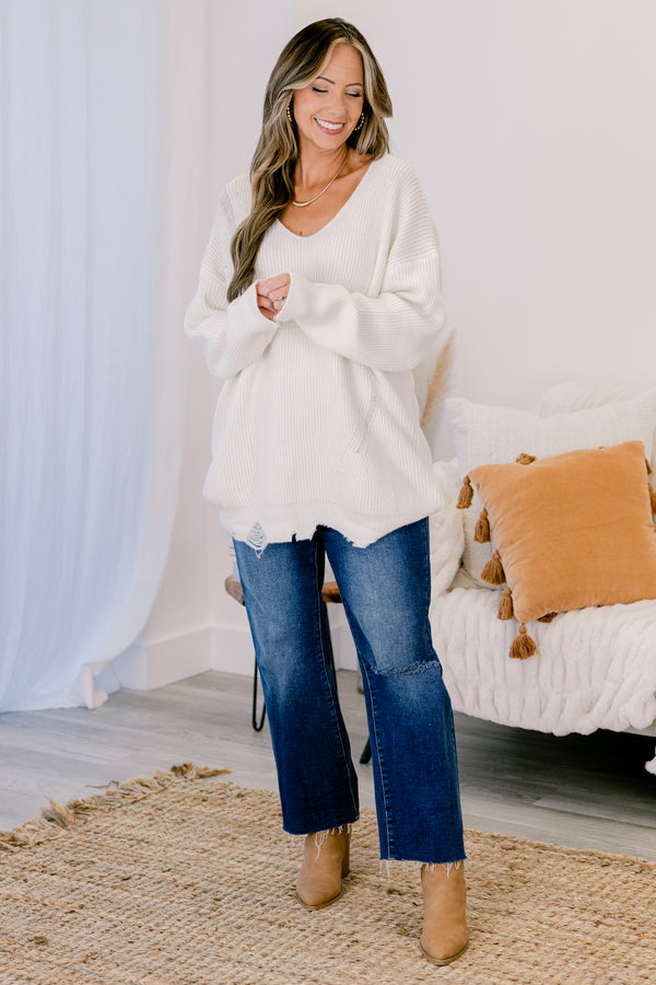 Chic Soul plus size clothing, Ivory relaxed fit sweater with slouchy v-neck, distressed hem and ribbing
