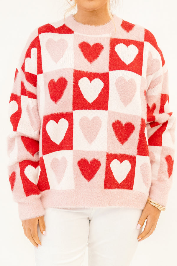 Chic Soul plus size clothing, baby pink knitted sweater with red and pink heart patchwork pattern