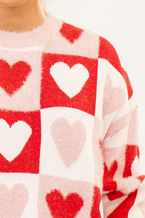Chic Soul plus size clothing, baby pink knitted sweater with red and pink heart patchwork pattern