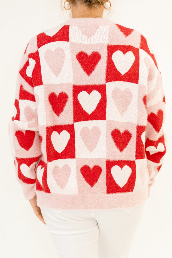 Chic Soul plus size clothing, baby pink knitted sweater with red and pink heart patchwork pattern