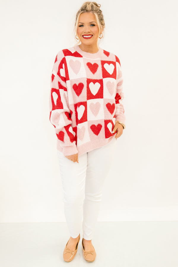 Chic Soul plus size clothing, baby pink knitted sweater with red and pink heart patchwork pattern
