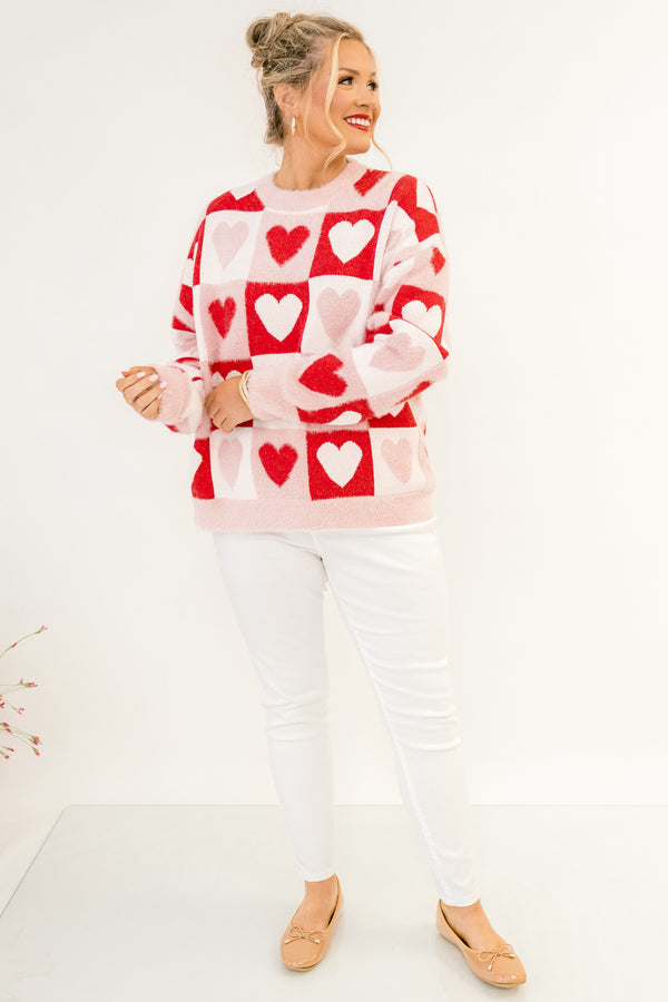 Chic Soul plus size clothing, baby pink knitted sweater with red and pink heart patchwork pattern