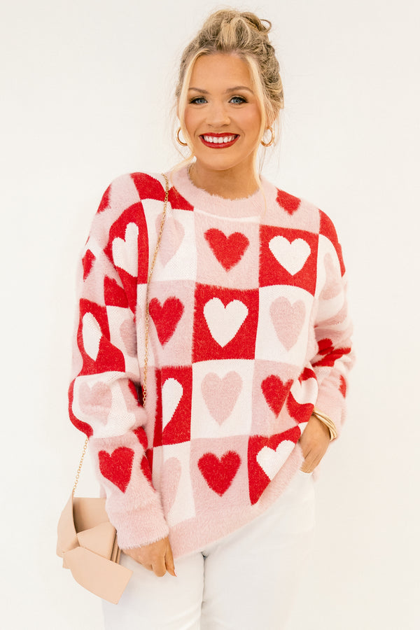 Chic Soul plus size clothing, baby pink knitted sweater with red and pink heart patchwork pattern