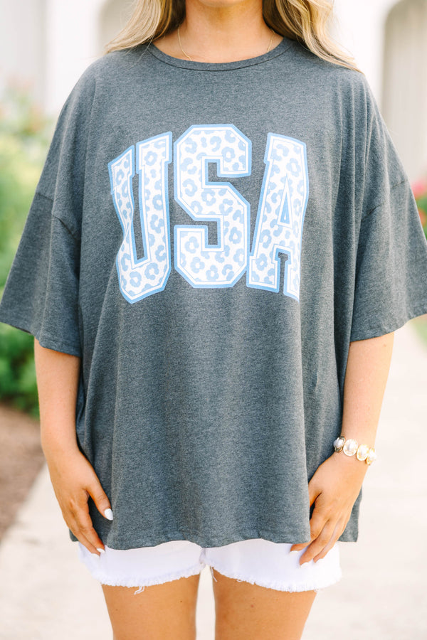 Plus Size charcoal boyfriend tee with light blue leopard print USA graphic and white denim shorts.